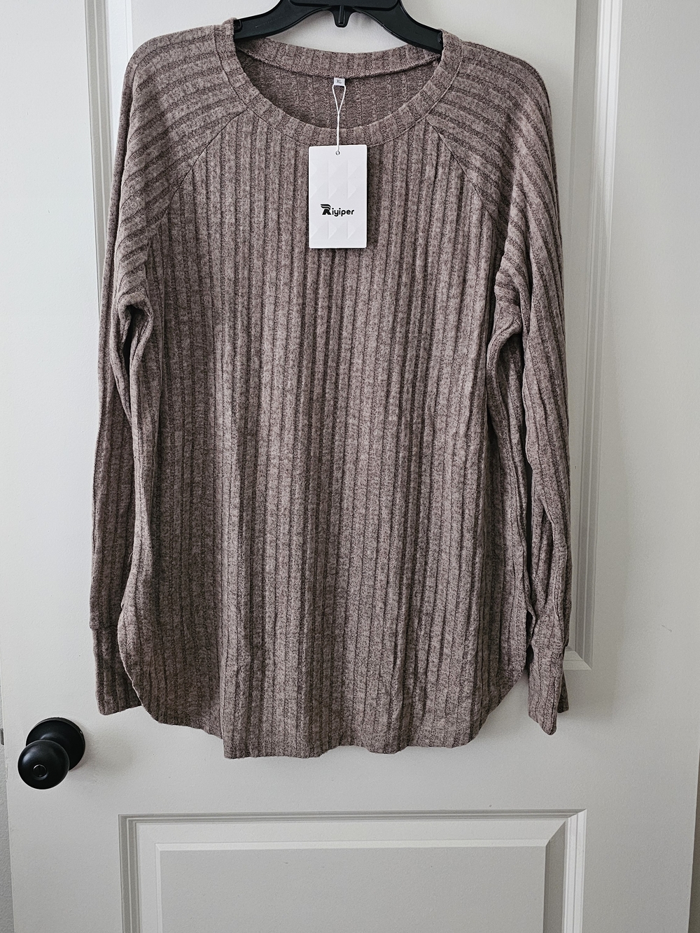 Ribbed Long-Sleeve Tunic With Thumb Holes in Taupe